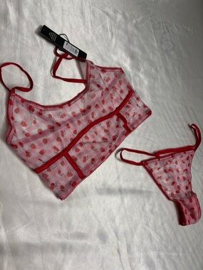 Sperry Sheer Strawberry-Print Bralette & Thong Set - Red